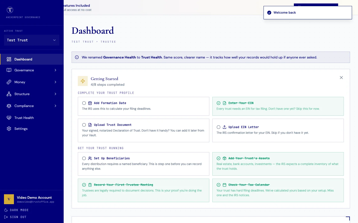 TrustOffice dashboard showing AI recommendations, governance score, and upcoming tasks