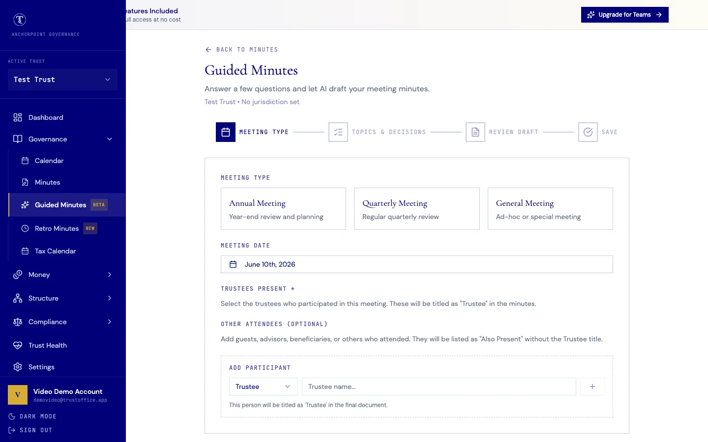 TrustOffice Guided Minutes wizard with meeting type selection, date picker, and participant fields
