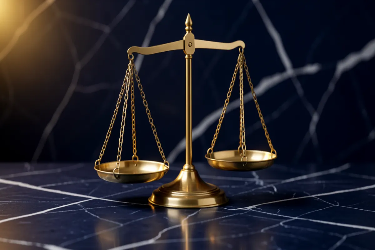 TrustOffice audit trail — brass scales of justice on navy marble symbolizing fiduciary accountability and multi-generational trust governance