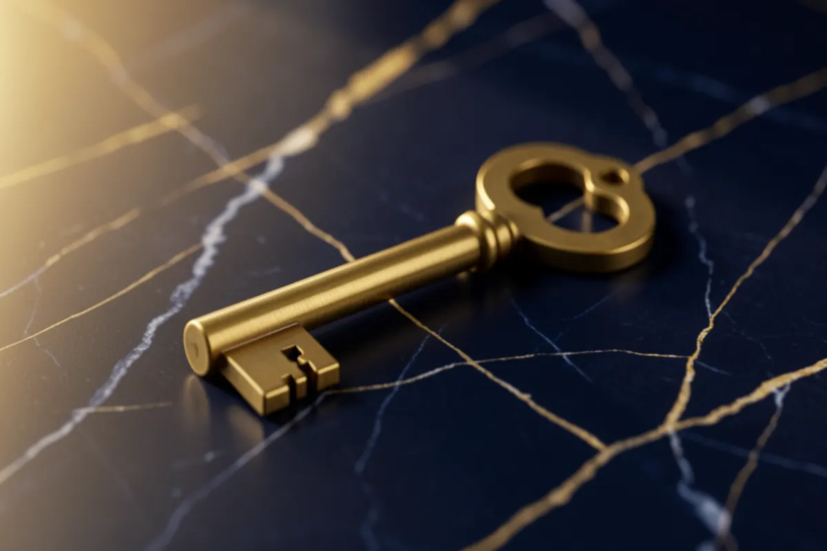 TrustOffice document vault — golden skeleton key on navy marble symbolizing secure multi-generational trust record-keeping and legacy preservation