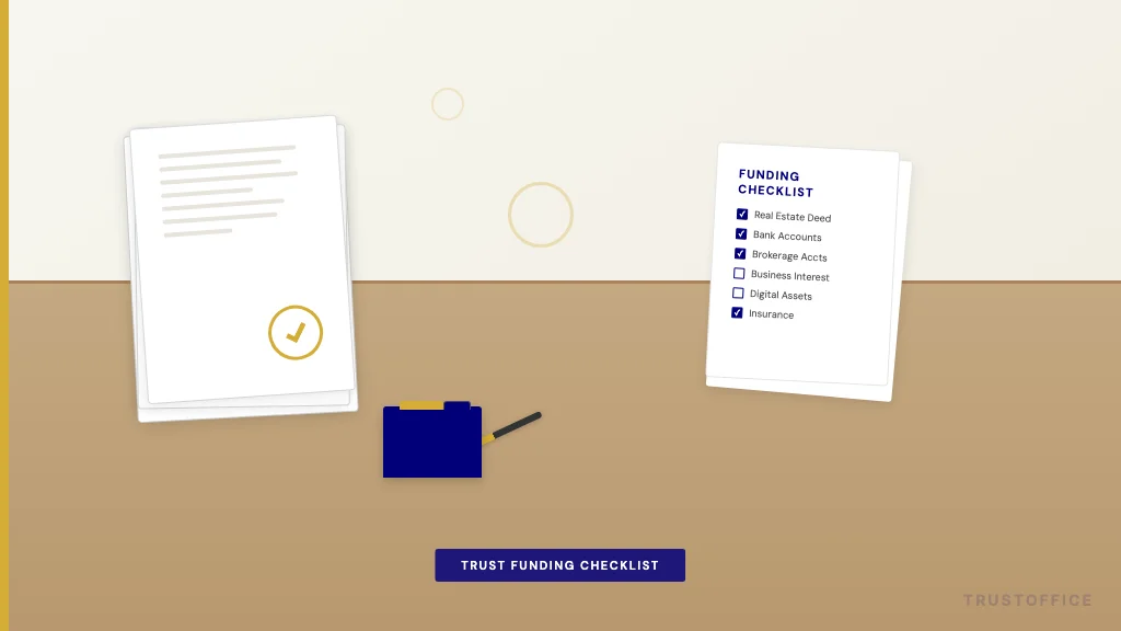TrustOffice trust funding checklist with documents and estate planning materials