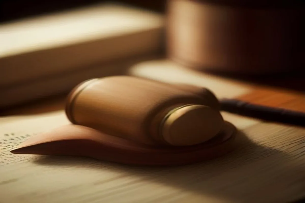 Trustee removal hearing: gavel, trust documents, and a court file on a dark wood bench, navy and gold tones, TrustOffice