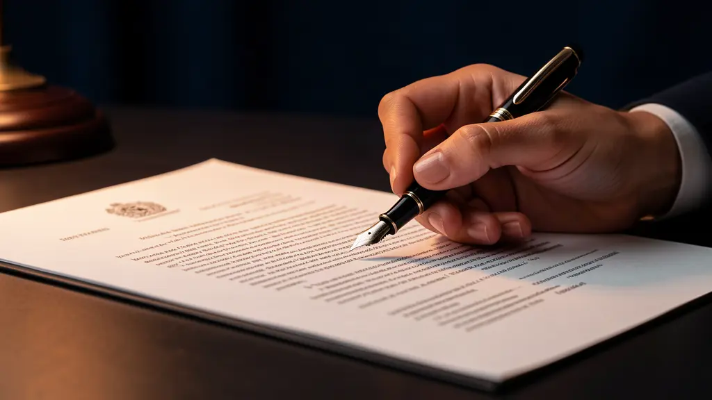 TrustOffice editorial photo: fountain pen signing a trust document, representing the importance of documented fiduciary decisions